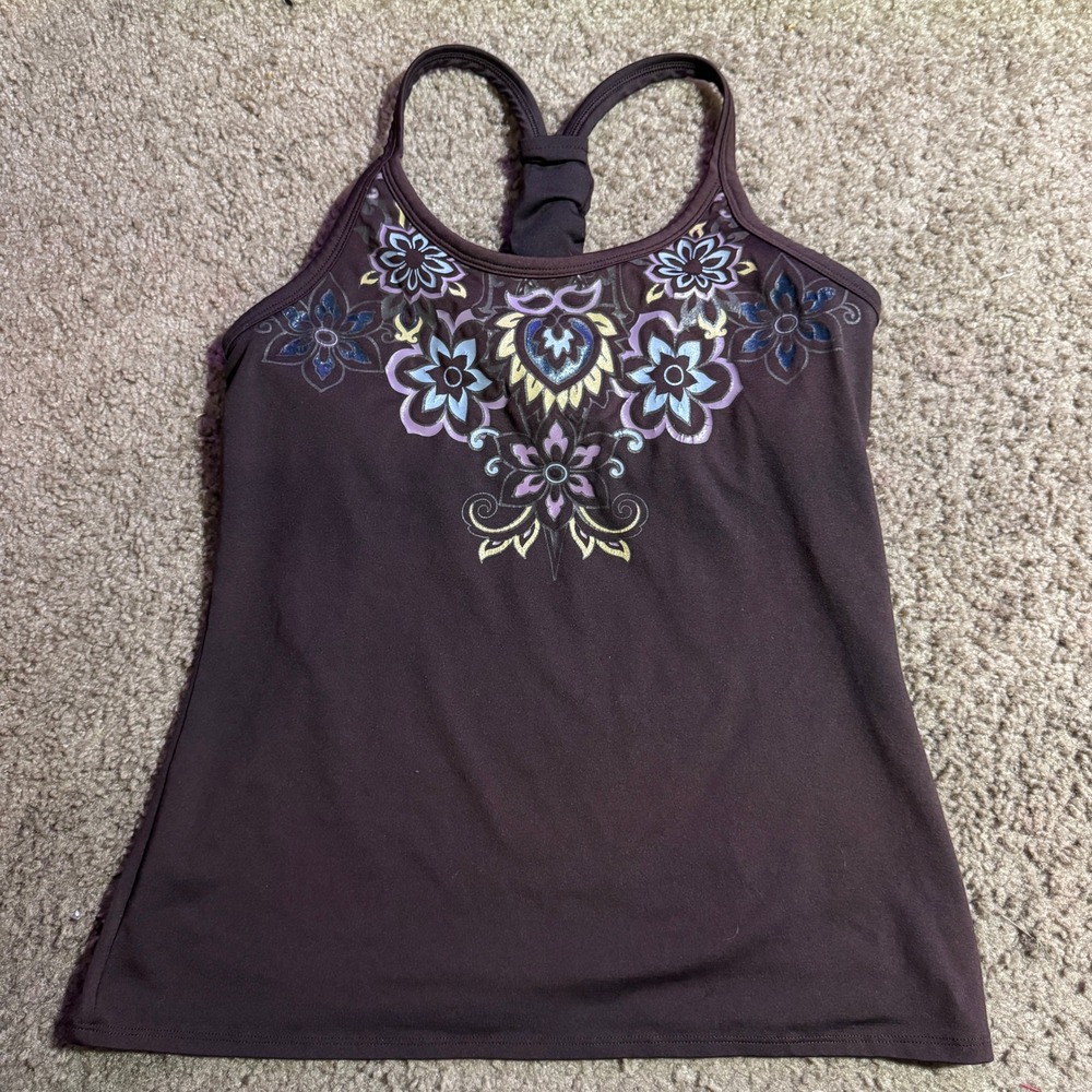Athleta Brown Floral Tankini Swim Top Racerback Knot Detail Shelf Bra Small - Picture 2 of 4
